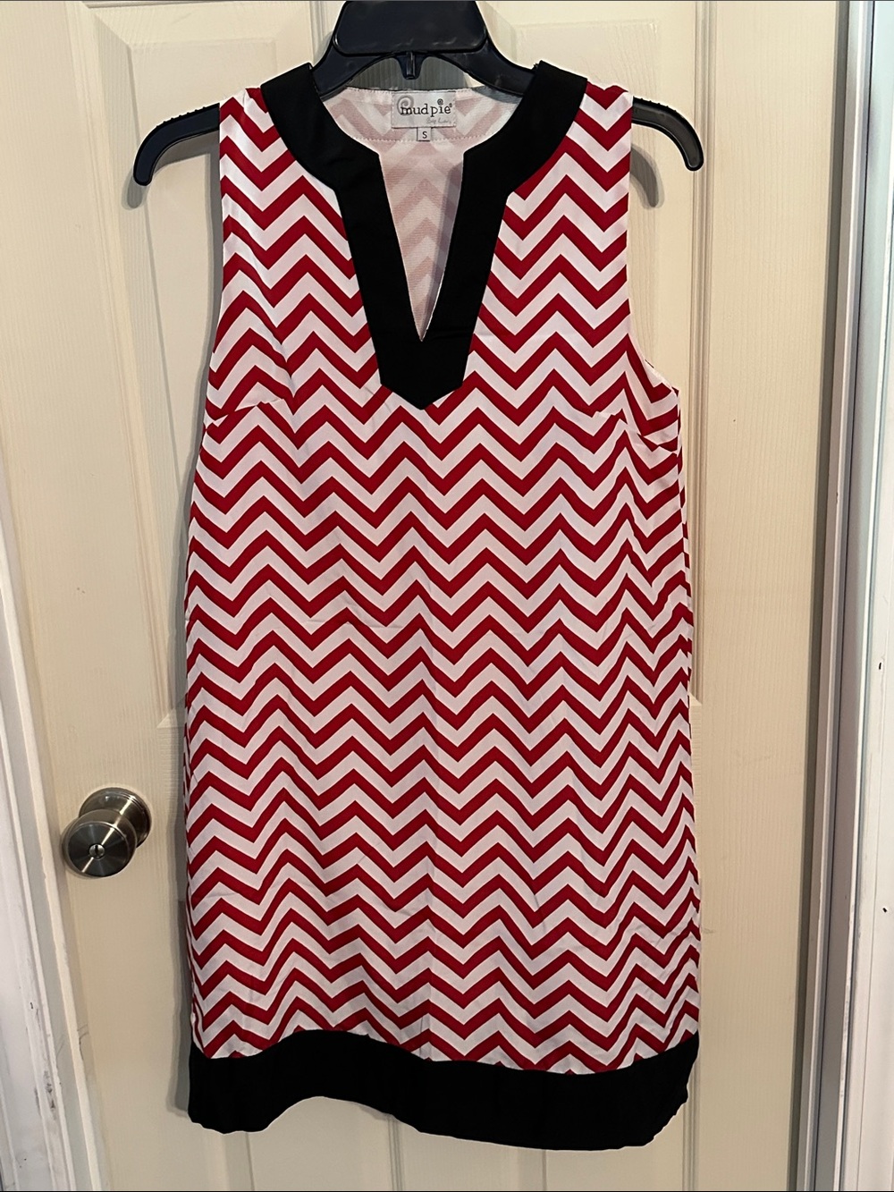 Mud Pie Red and White Chevron Mini Dress with Black Trim, EUC, Size Small